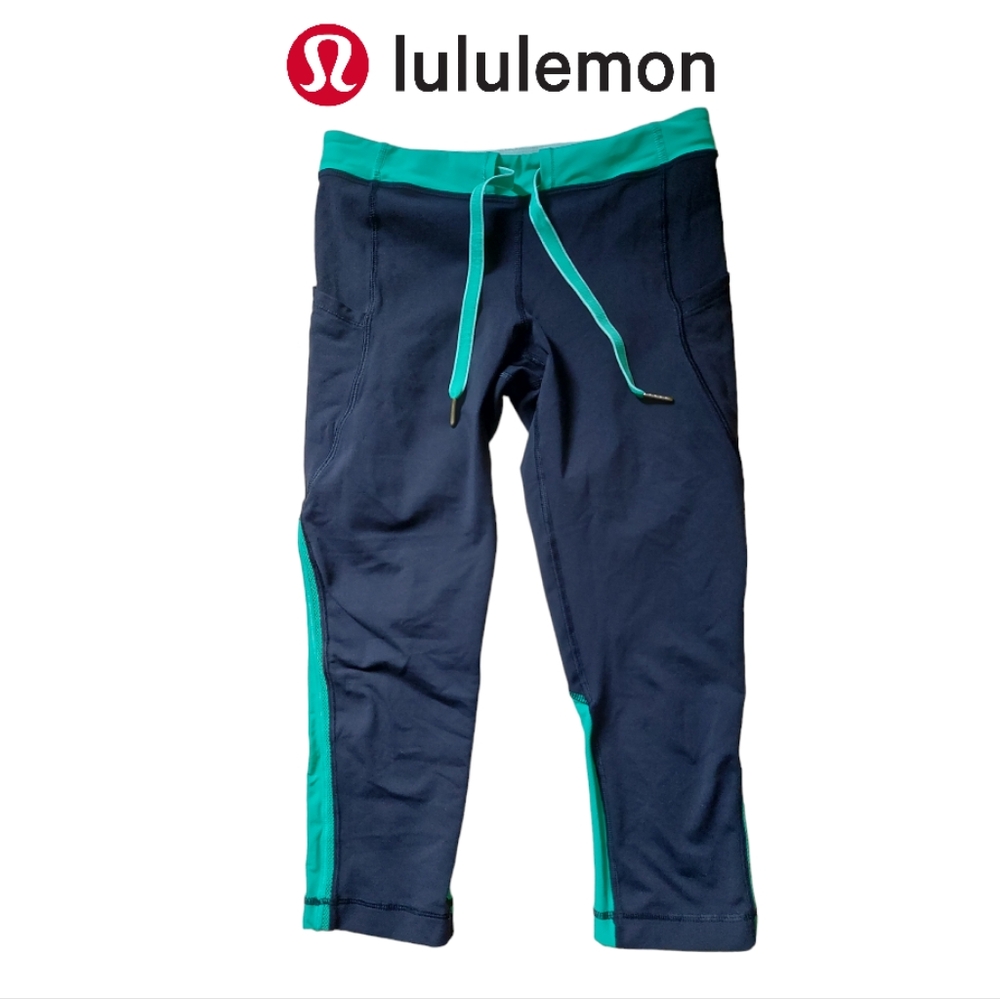 Lululemon Cropped Black/Green Leggings With Pockets